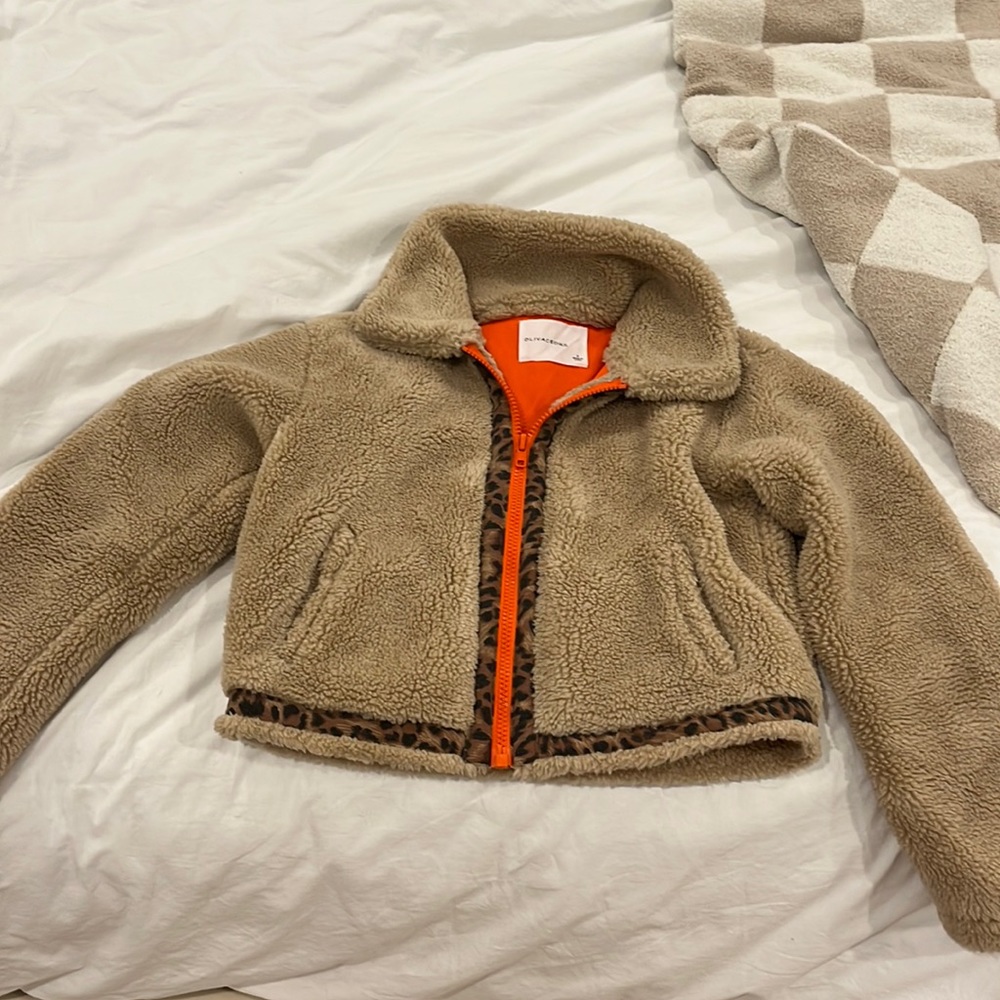 Olivaceous Sherpa coat with orange and leopard accents S